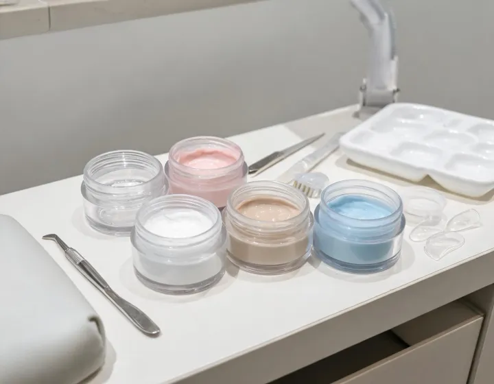 poly gel kit on a cosmetics bench, illustration only