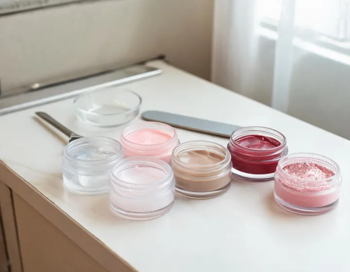 poly gel nail kit on a cosmetics bench, illustration only